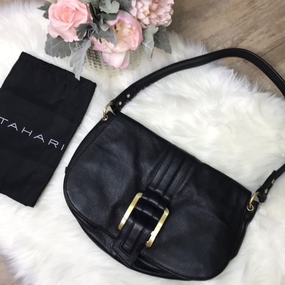 Tahari Handbags - Tahari Black Leather Gold Buckle Shoulder Bag